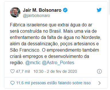 Bolsonaro diz que Brasil terá fábrica que extrai água do ar
