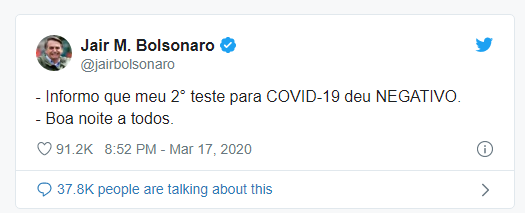 Bolsonaro anuncia que segundo teste para coronavírus deu negativo