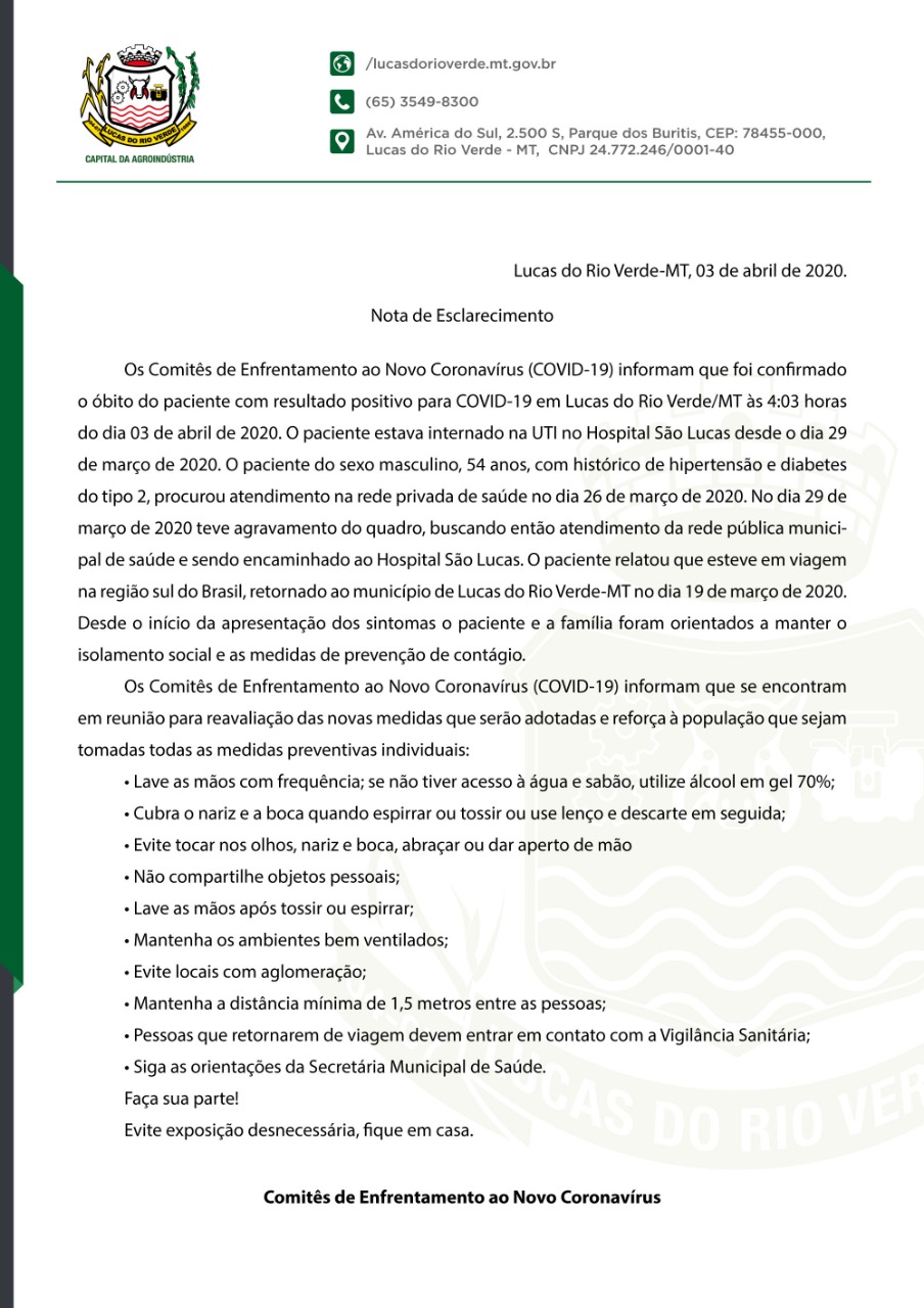 Mato Grosso tem 1ª morte por Coronavírus em Lucas do Rio Verde 3