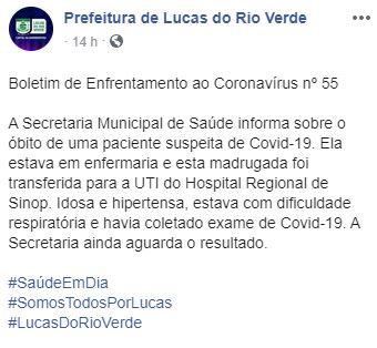 Idosa de Lucas do Rio Verde que aguardava resultado do exame da Covid morre no hospital Regional de Sinop 2