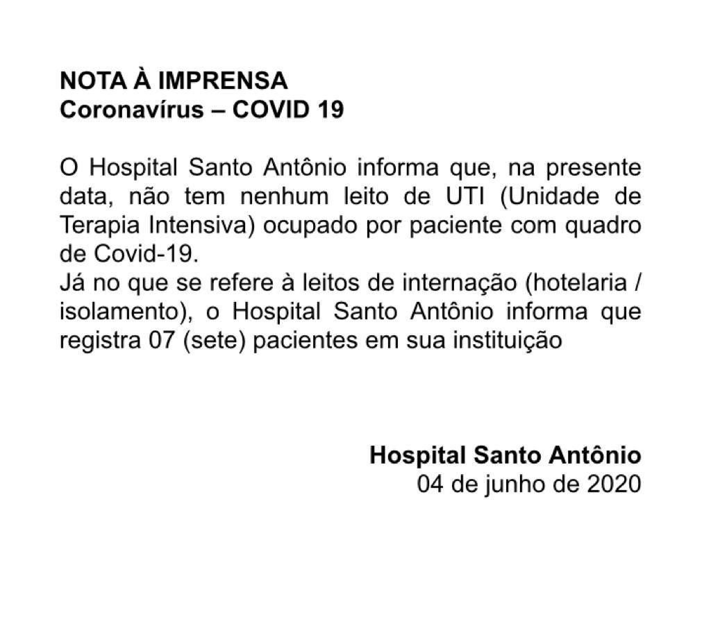 Hospital Santo Antônio afirma que não há pacientes com covid-19 em UTI's, mas sim em enfermarias 9