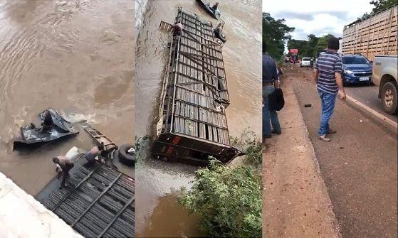 Caminhão boiadeiro cai de ponte e animais morrem afogado