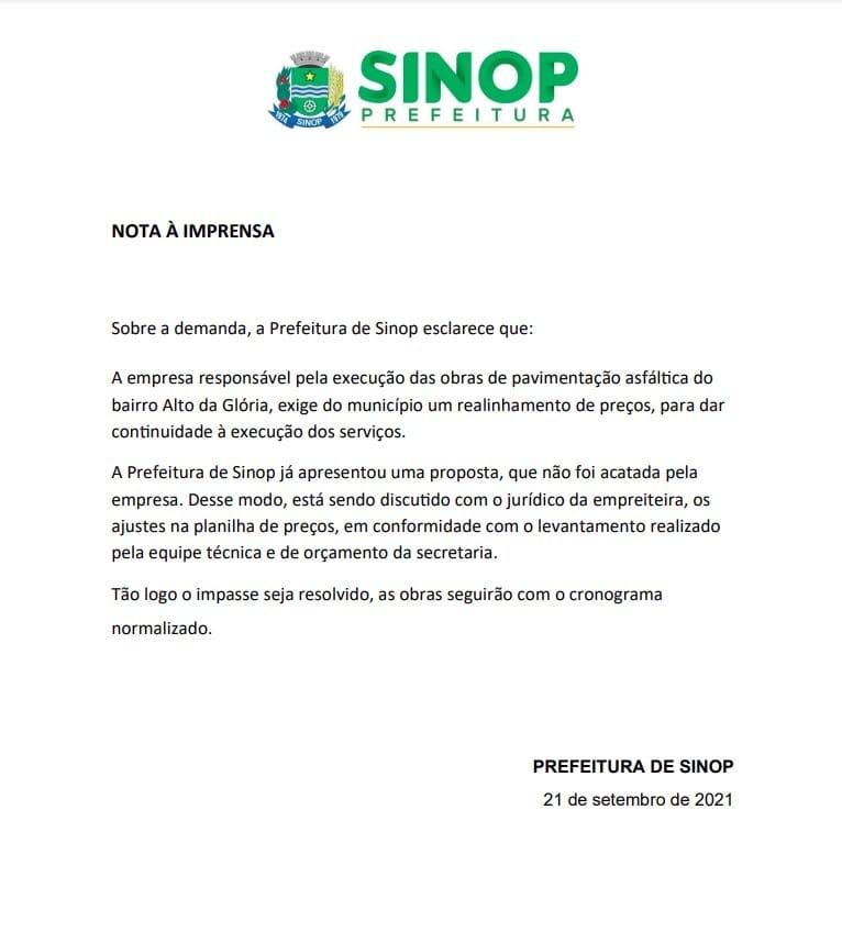 SINOP: Empresa responsável por obra asfáltica retira maquinários após conflitos contratuais 2
