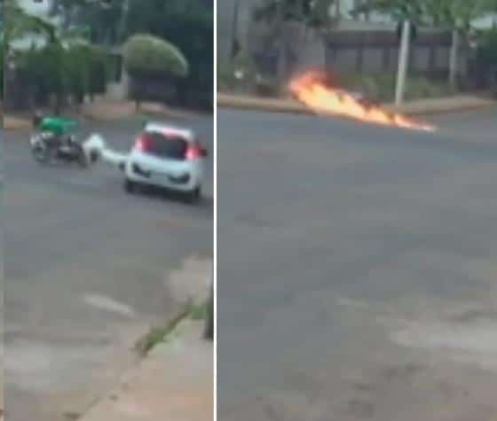 VÍDEO: Moto explode em colisão com veículo após vazamento de combustível