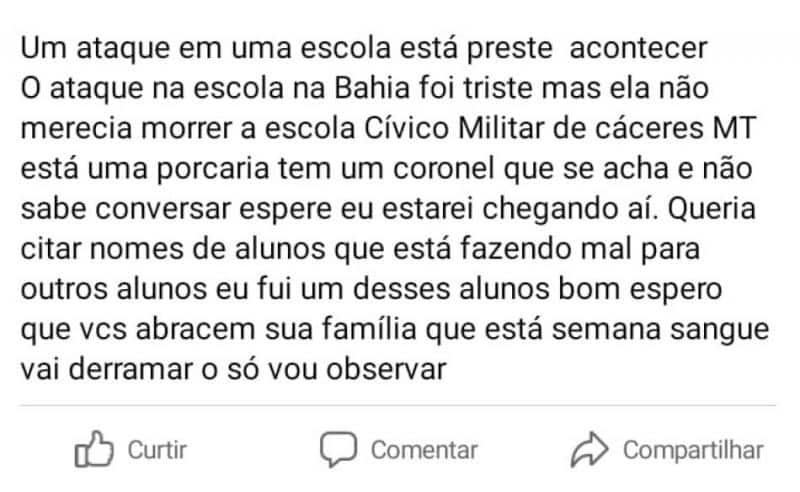 Estudante vítima de Bullying cria perfil falso e publica ameaça de massacre em Escola 1